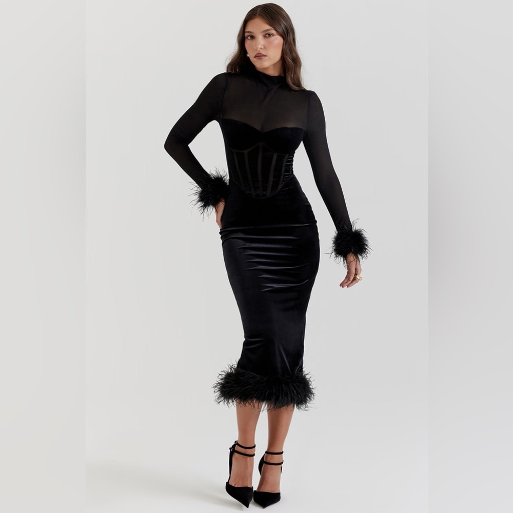House of CB Lianna Feather Trim Long Sleeve Corset Black Midi Dress
